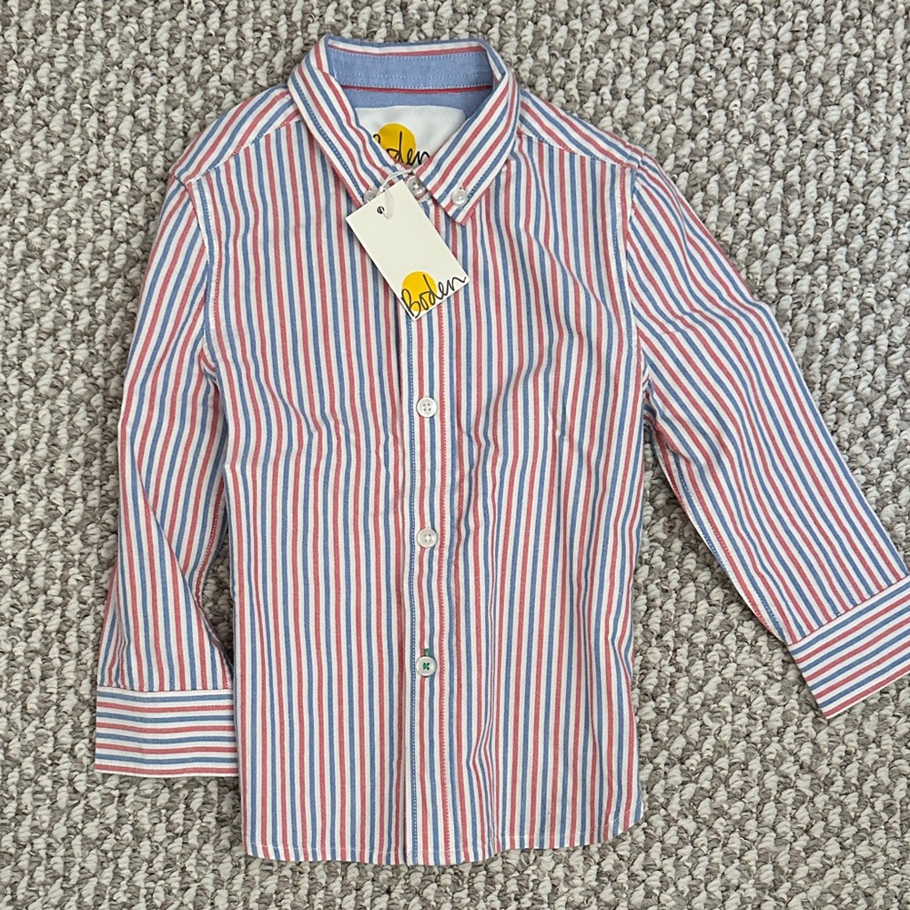 Boden Kids Striped Button Down Shirt - Red, Blue, White